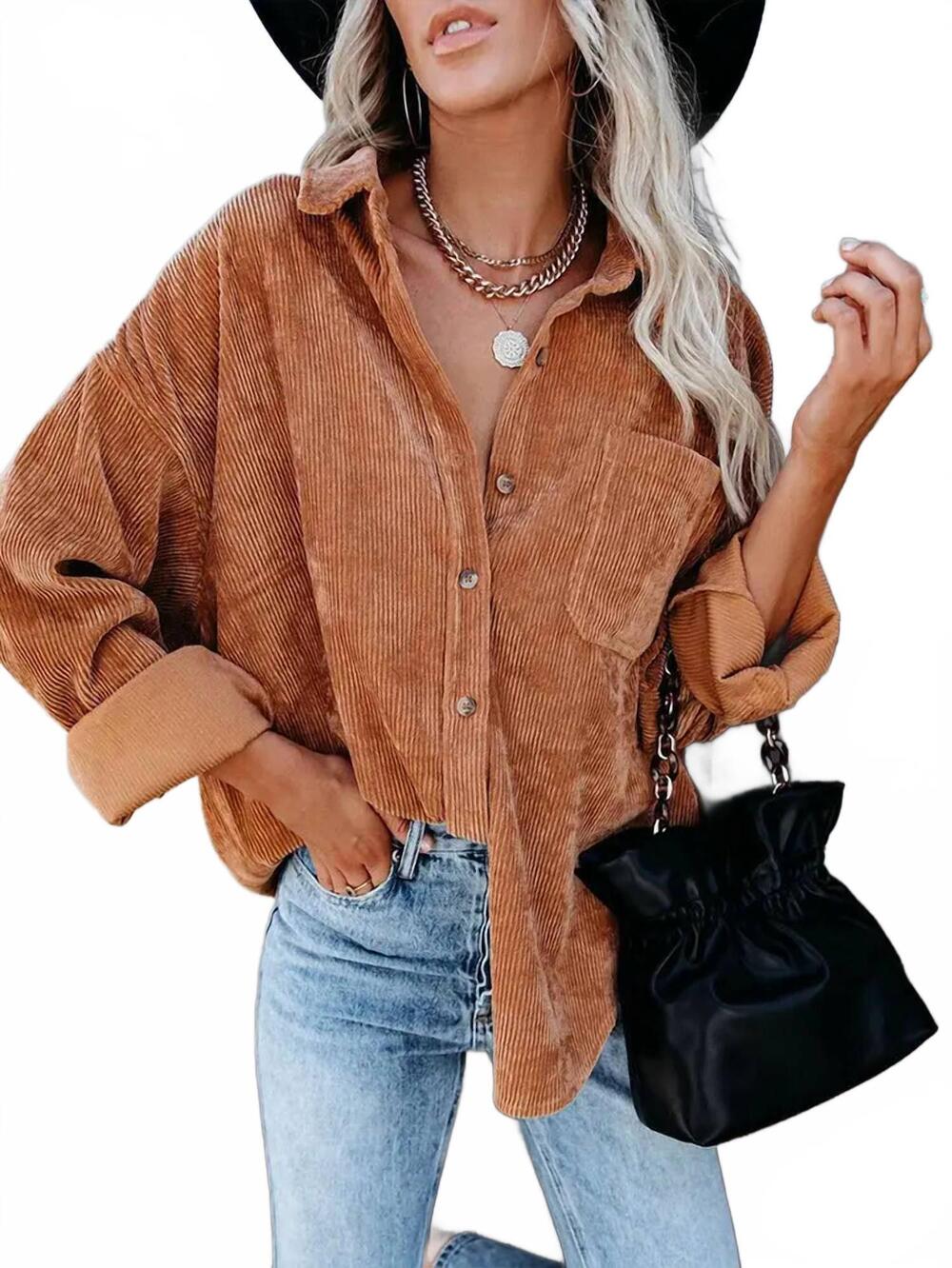 NEW UNKNOWN oversized corduroy button up shirt with chest pocket in brown